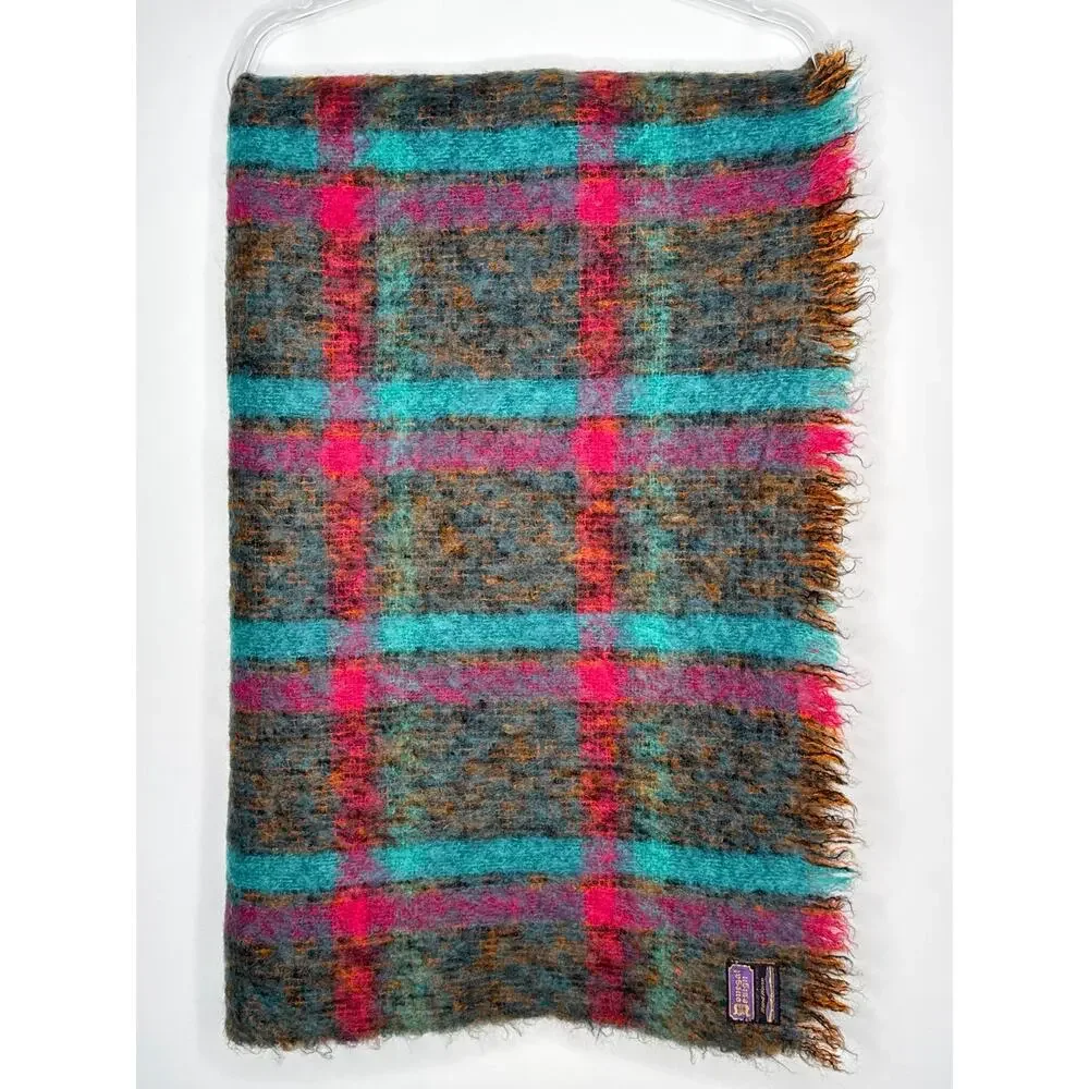 1980s Donegal Design Hand Woven Mohair Wool Plaid Scarf Ireland 60x70